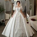 ウェディングドレス ウエディングドレス 二次会 結婚式 前撮り ブライダル ロングドレス 花嫁 プリンセスドレス プリンセスラインドレス サテン 半袖 刺繍 王道 海外挙式 フォトウェディング オフホワイト wedding dress Aラインドレス 小さいサイズ 大きいサイズ(4)