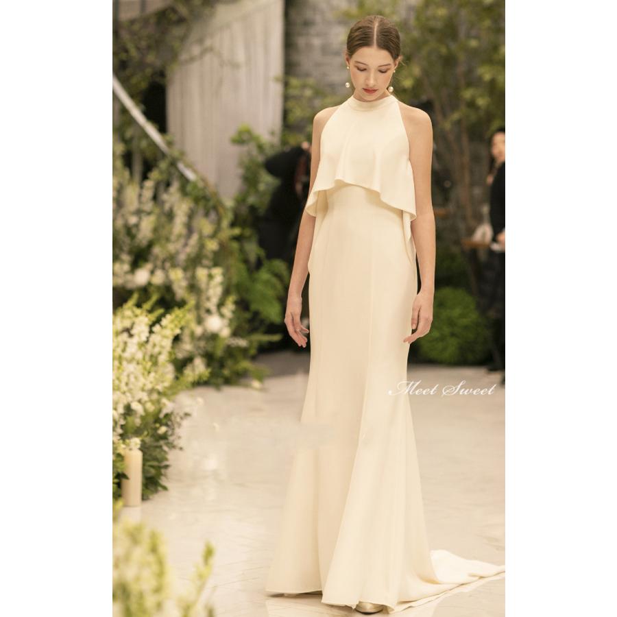 ミートスウィートの【P5倍★BLACK FRIDAY限定】ウェディングドレス ウエディングドレス 二次会 結婚式 前撮り ブライダル ロングドレス 花嫁 マーメイドドレス スレンダーラインドレス サテン ホルターネック 海外挙式 フォトウェディング オフホワイト wedding dress｜アングル3