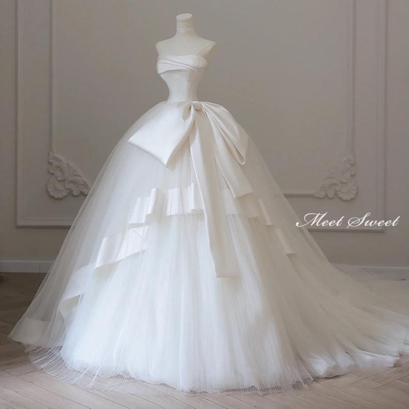 ウェディングドレス ウエディングドレス 二次会 結婚式 前撮り ブライダル ロングドレス 花嫁 プリンセスドレス プリンセスライン リボン ビスチェ ベアトップ 海外挙式 フォトウェディング オフホワイト wedding dress チュール 白 小さいサイズ 大きいサイズ