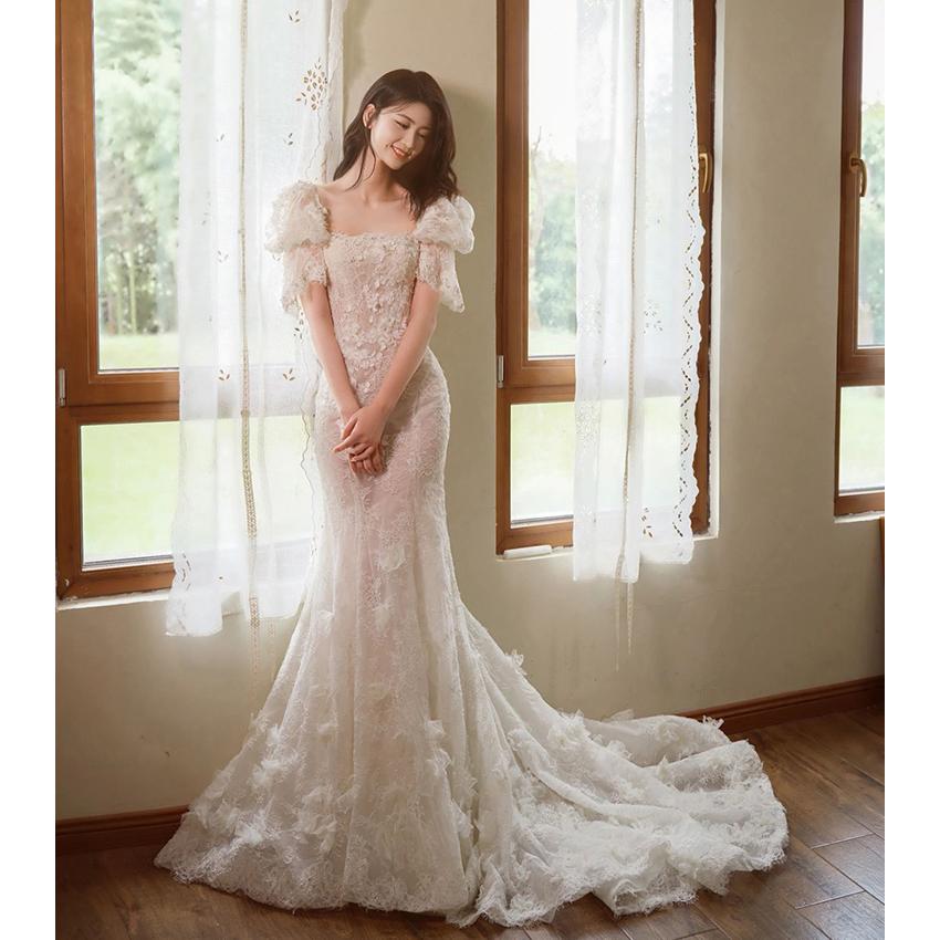 ウェディングドレス ウエディングドレス 二次会 結婚式 前撮り ブライダル ロングドレス 花嫁 マーメードドレス マーメイドラインドレス 半袖 トレーン レース 海外挙式 フォトウェディング オフホワイト wedding dress マーメイドドレス 小さいサイズ 大きいサイズ