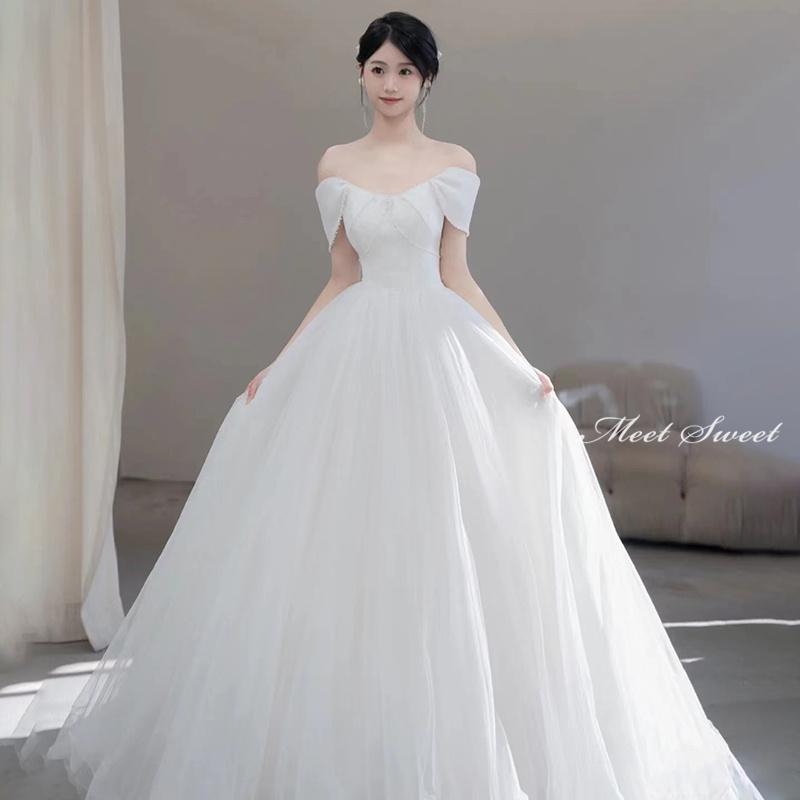 ウェディングドレス ウエディングドレス オフショルダー 二次会 結婚式 前撮り ブライダル ロングドレス 花嫁 プリンセスドレス Aラインドレス リボン 編み上げ 海外挙式 フォトウェディング オフホワイト wedding dress プリンセスライン 小さいサイズ 大きいサイズ