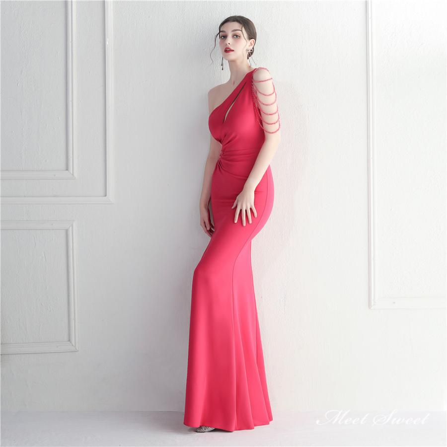 カラードレス ワンショルダー ローズピンク ローズレッド スリット マーメイドドレス パーティードレス ロングドレス ウェディングドレス ウエディングドレス 結婚式 二次会 発表会 披露宴 サテン 明るい ノースリーブ フォーマル ゲストドレス 小さいサイズ 大きいサイズ