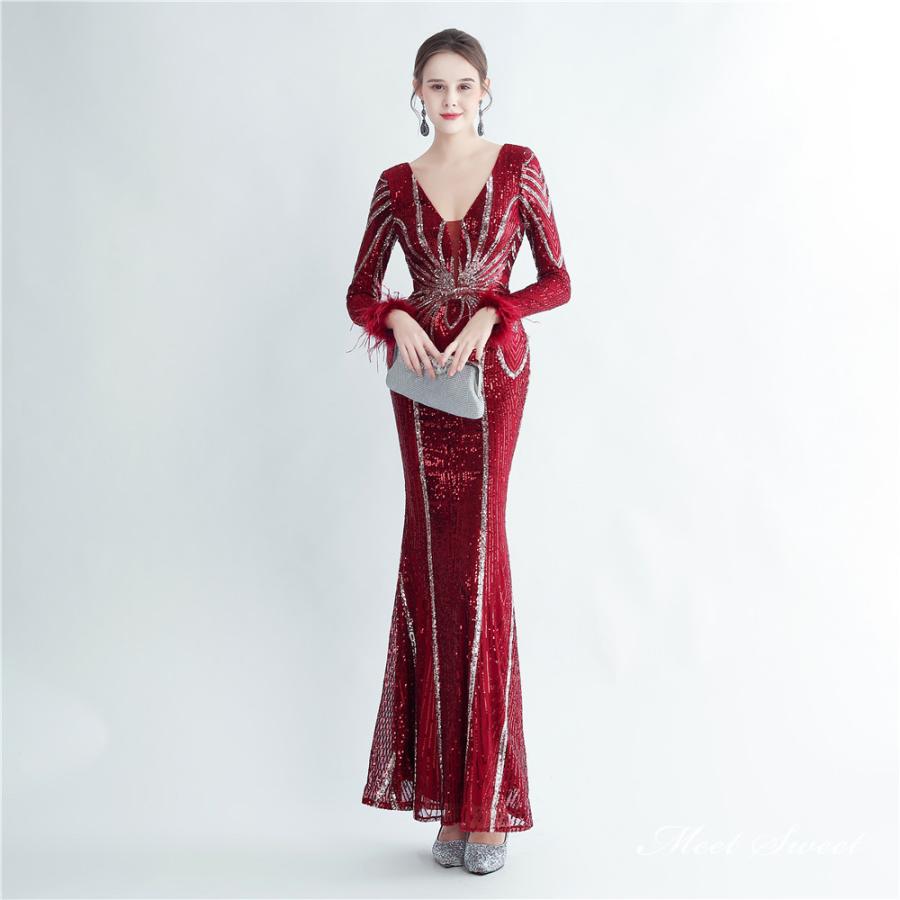 カラードレス マーメイドドレス パーティードレス 長袖 vネック ワインレッド マーメイドラインドレス イブニングドレス ウェディングドレス ウエディングドレス 結婚式 二次会 発表会 スパンコール ファスナー フォーマルドレス ステージドレス 30代 40代 50代 60代 華やか