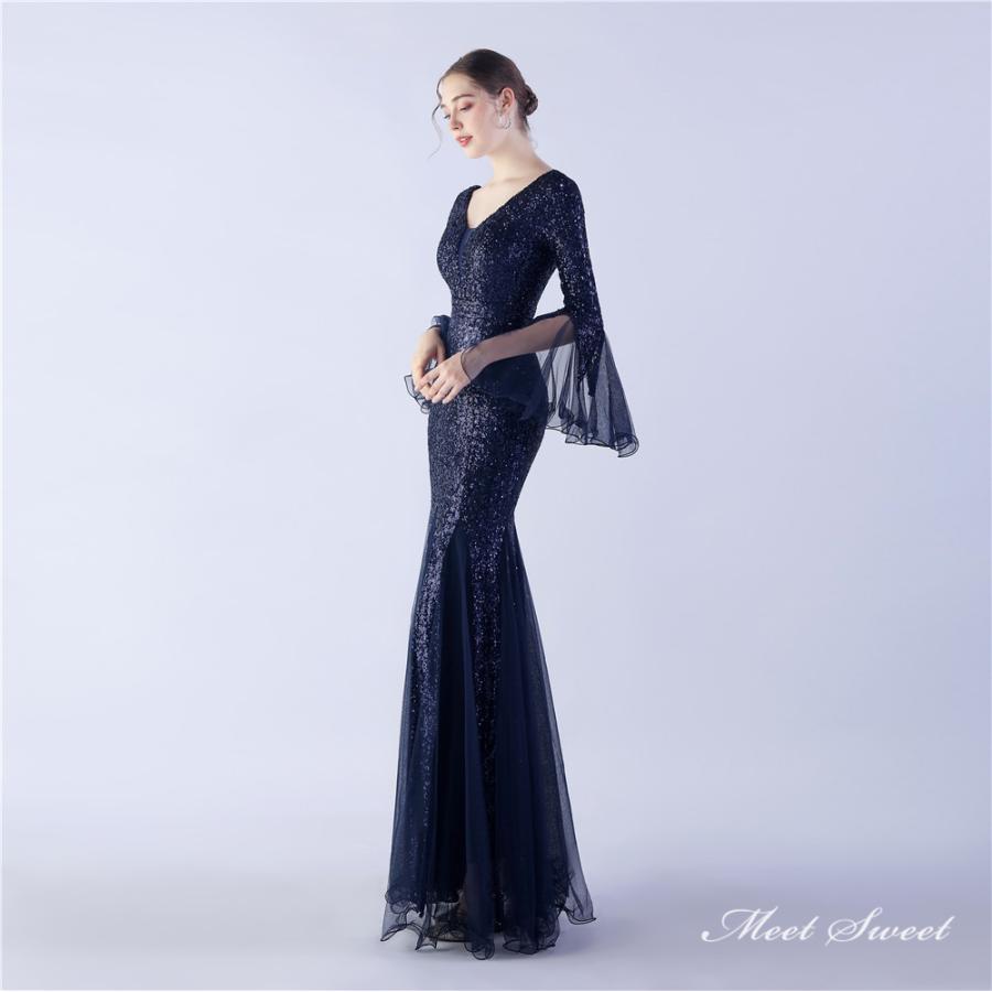 カラードレス マーメイドドレス パーティードレス ネイビー 紺色 ダークブルー チュール フレア裾 イブニングドレス ウェディングドレス ウエディングドレス 結婚式 二次会 発表会 演奏会 ロングドレス スパンコール ファスナー フォーマルドレス ステージドレス 演出衣装