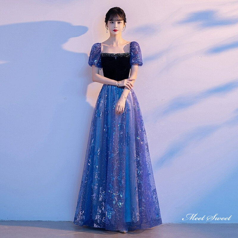 カラードレス ロングドレス パーティードレス パフスリーブ ブルー 半袖 ウェディングドレス ウエディングドレス 結婚式 二次会 花嫁 前撮り 演奏会 発表会 カクテルドレス ブライダル フォーマルドレス 成人式 卒業式 コンサート イブニングドレス ステージドレス