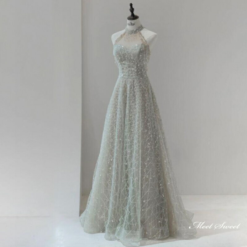 カラードレス ロングドレス パーティードレス グレー シャンパン ビーズ ウェディングドレス ウエディングドレス 結婚式 二次会 花嫁 ..
