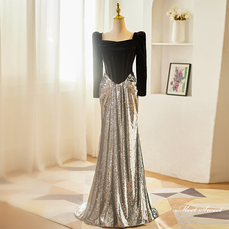 カラードレス ロングドレス 長袖 切替 シルバー スレンダードレス パーティードレス ウェディングドレス ウエディングドレス 結婚式 二次会 花嫁 発表会 カクテルドレス 披露宴 演奏会 前撮り ブライダル フォーマルドレス スパンコール グレー イブニングドレス