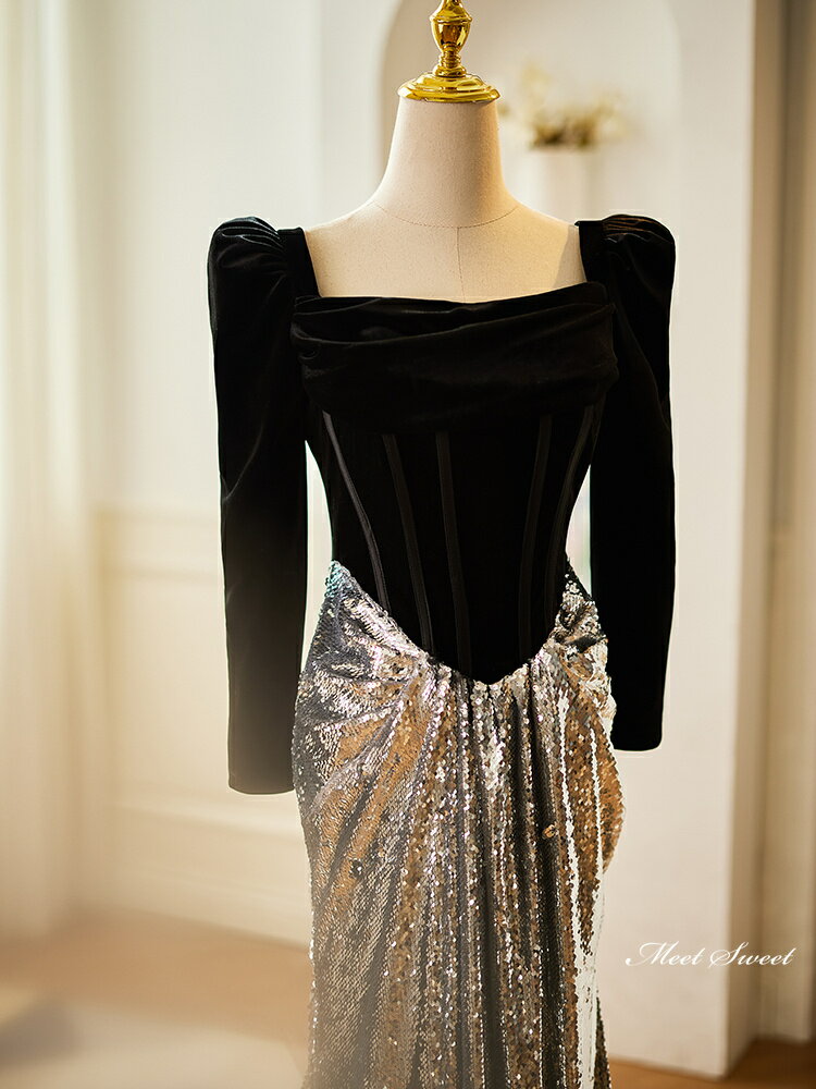 カラードレス ロングドレス 長袖 切替 シルバー スレンダードレス パーティードレス ウェディングドレス ウエディングドレス 結婚式 二次会 花嫁 発表会 カクテルドレス 披露宴 演奏会 前撮り ブライダル フォーマルドレス スパンコール グレー イブニングドレス