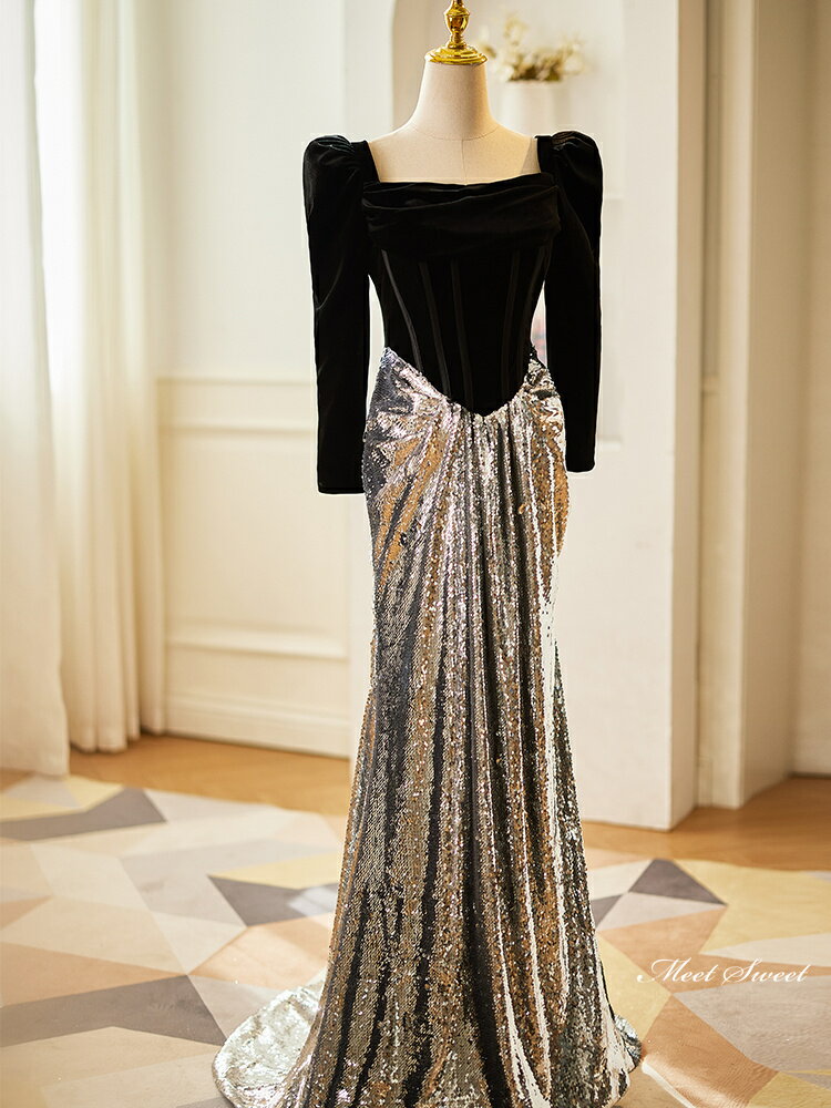 カラードレス ロングドレス 長袖 切替 シルバー スレンダードレス パーティードレス ウェディングドレス ウエディングドレス 結婚式 二次会 花嫁 発表会 カクテルドレス 披露宴 演奏会 前撮り ブライダル フォーマルドレス スパンコール グレー イブニングドレス