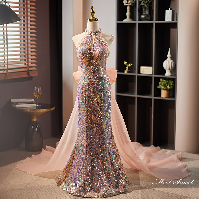 カラードレス スパンコール マーメイドドレス ピンク パーティードレス ウェディングドレス ウエディングドレス 結婚式 二次会 花嫁 前撮り 発表会 ロングドレス 演奏会 披露宴 ブライダル フォーマルドレス ホルターネック 舞台 演出 イブニングドレス