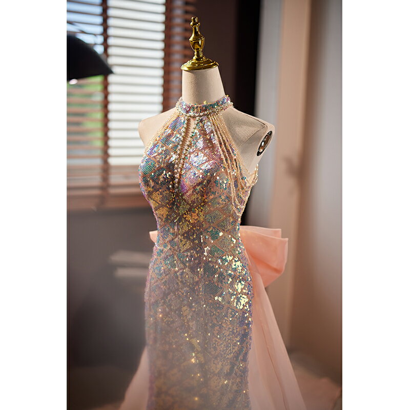 カラードレス スパンコール マーメイドドレス ピンク パーティードレス ウェディングドレス ウエディングドレス 結婚式 二次会 花嫁 前撮り 発表会 ロングドレス 演奏会 披露宴 ブライダル フォーマルドレス ホルターネック 舞台 演出 イブニングドレス