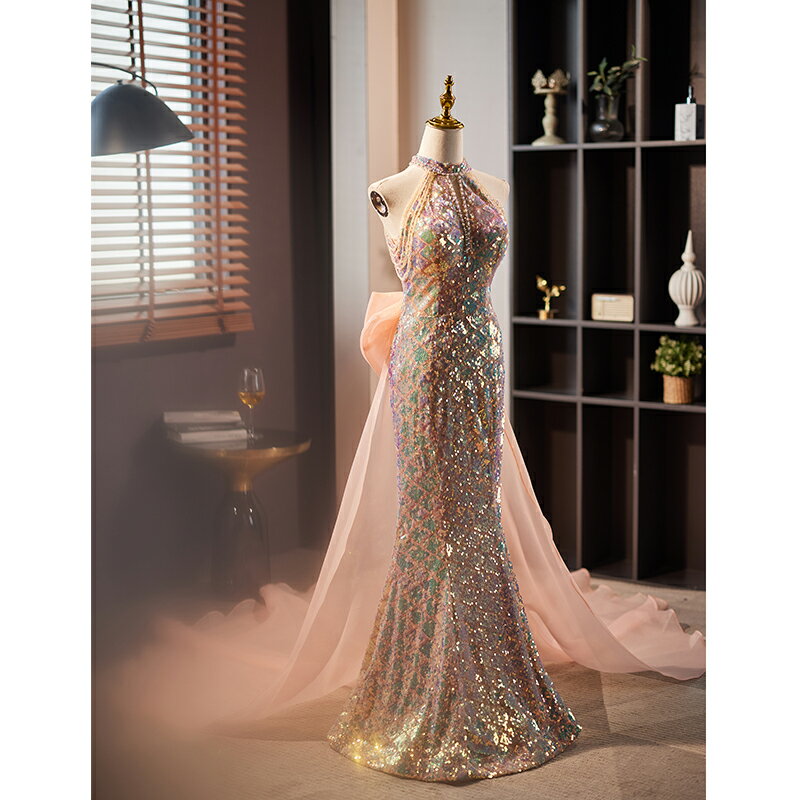 カラードレス スパンコール マーメイドドレス ピンク パーティードレス ウェディングドレス ウエディングドレス 結婚式 二次会 花嫁 前撮り 発表会 ロングドレス 演奏会 披露宴 ブライダル フォーマルドレス ホルターネック 舞台 演出 イブニングドレス