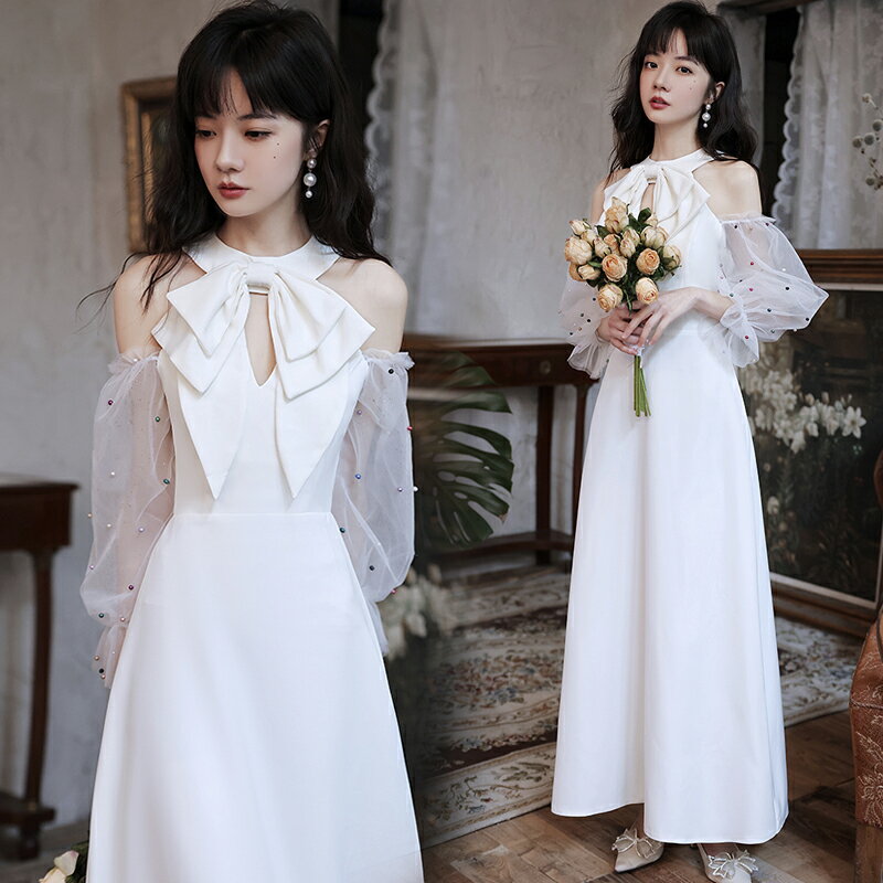 カラードレス ロングドレス パーティードレス スレンダードレス ホワイト ホルターネック ウェディングドレス 結婚式 二次会 花嫁 前撮り 演奏会 発表会 カクテルドレス 披露宴 長袖 サテン 白 ブライダル フォーマルドレス ウエディングドレス お呼ばれドレス