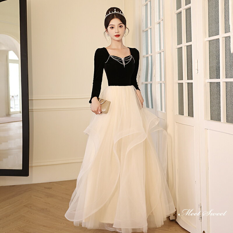 カラードレス ロングドレス パーティードレス シャンパン 長袖 切替 ウェディングドレス ウエディングドレス 結婚式 二次会 花嫁 前撮り 演奏会 発表会 カクテルドレス 披露宴 ブライダル フォーマルドレス 成人式 卒業式 コンサート 舞台 演出 イブニングドレス