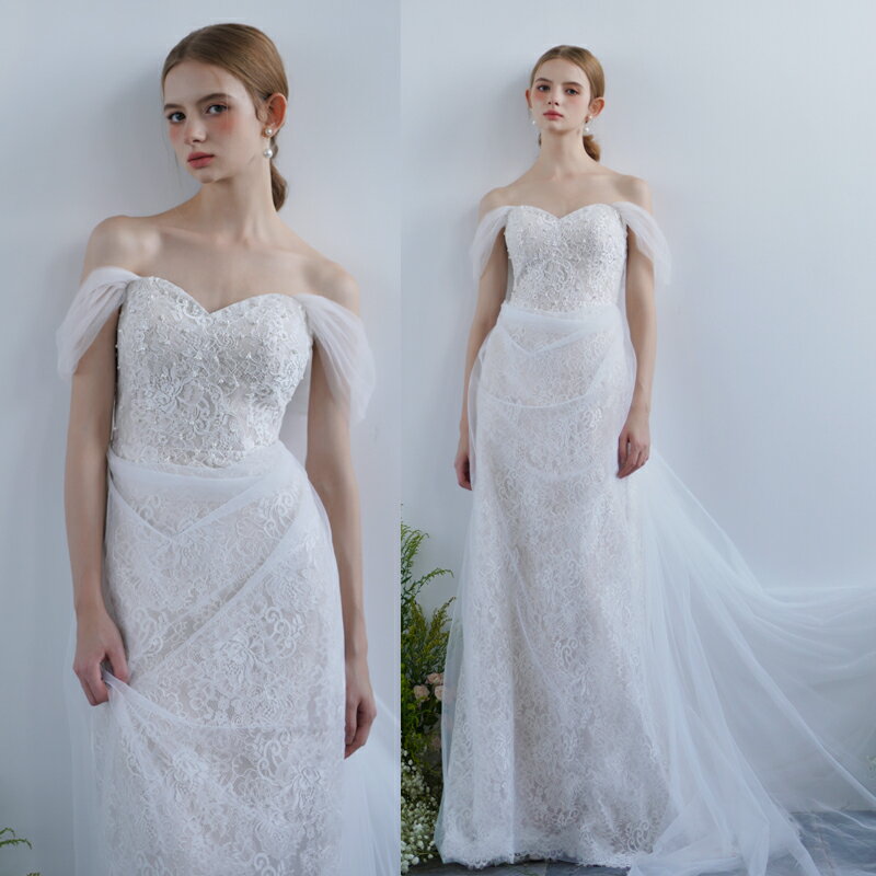 ウェディングドレス ロングドレス スレンダードレス レース オフショルダー ベージュ 二次会 結婚式 前撮り 後撮り ブライダル 花嫁 ウエディングドレス 海外挙式 オフホワイト パーティードレス フォトウェディング 小さいサイズ 大きいサイズ wedding dress