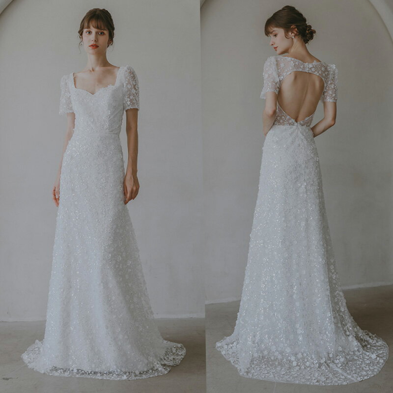 ウェディングドレス ロングドレス スレンダードレス 半袖 バックレス 背中開き フラワー 白 二次会 結婚式 前撮り ブライダル 花嫁 ウエディングドレス 海外挙式 オフホワイト パーティードレス フォトウェディング 小さいサイズ 大きいサイズ wedding dress