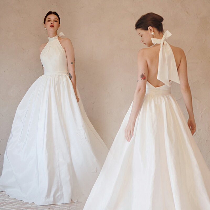ウェディングドレス ロングドレス 二次会 ホルターネック Aラインドレス サテン ノースリーブ 袖なし 結婚式 前撮り ブライダル 花嫁 ウエディングドレス 海外挙式 オフホワイト パーティードレス フォトウェディング 小さいサイズ 大きいサイズ wedding dress