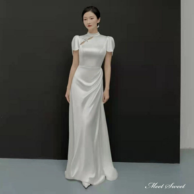ウェディングドレス ロングドレス スレンダードレス チャイナ風ドレス 半袖 バックレス 白 二次会 結婚式 前撮り ブライダル 花嫁 ウエディングドレス 海外挙式 オフホワイト パーティードレス フォトウェディング 小さいサイズ 大きいサイズ wedding dress