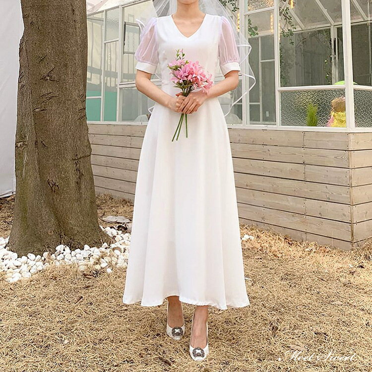 ウェディングドレス ミモレドレス 半袖 ワンピース 二次会 結婚式 前撮り ブライダル 花嫁 シンプル ファスナー パーティードレス ウエディングドレス 海外挙式 オフホワイト カクテルドレス フォトウェディング 小さいサイズ 大きいサイズ wedding dress