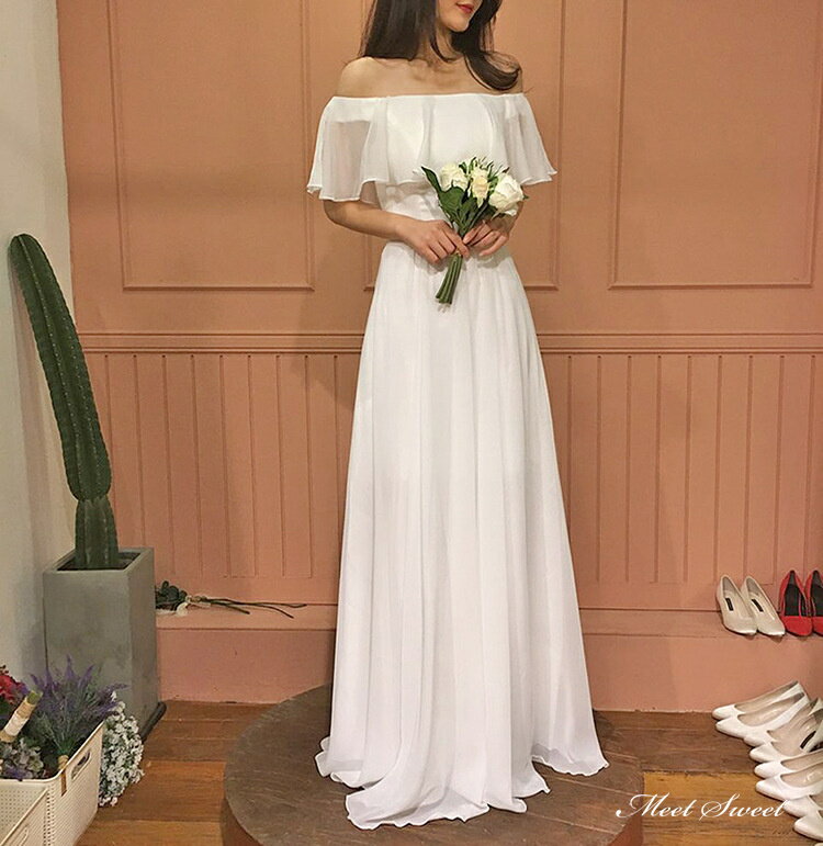 ウェディングドレス ロングドレス スレンダードレス オフショルダー ワンピース 白 シフォン 二次会 結婚式 前撮り ブライダル 花嫁 ウエディングドレス 海外挙式 オフホワイト パーティードレス フォトウェディング 小さいサイズ 大きいサイズ wedding dress