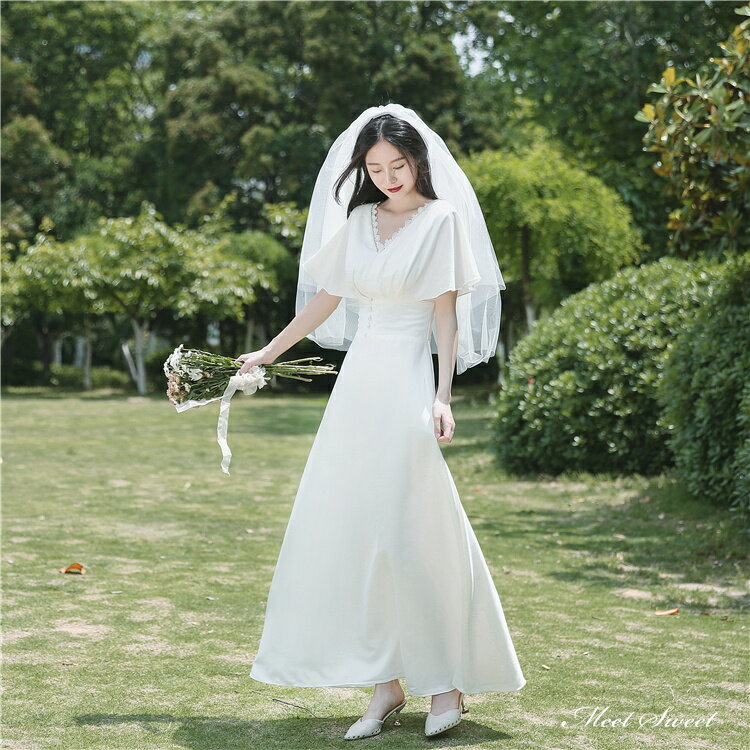 ウェディングドレス ロングドレス スレンダードレス サテン 半袖 スレンダーライン Vネック 二次会 結婚式 前撮り ブライダル 花嫁 ウエディングドレス 海外挙式 オフホワイト パーティードレス フォトウェディング 小さいサイズ 大きいサイズ wedding dress