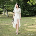 ウェディングドレス ミディアムドレス 半袖 ワンピース Vネック フリル アシンメトリー 白 二次会 結婚式 前撮り ブライダル 花嫁 ウエディングドレス 海外挙式 オフホワイト パーティードレス フォトウェディング 小さいサイズ 大きいサイズ wedding dress