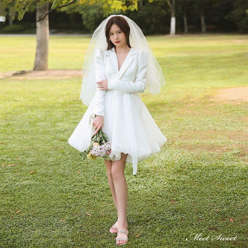 ウェディングドレス ミニドレス 長袖 スーツ風 チュールスカート 切替 ワンピース Vネック 二次会 結婚式 前撮り ブライダル 花嫁 ウエディングドレス 海外挙式 オフホワイト パーティードレス フォトウェディング 小さいサイズ 大きいサイズ wedding dress