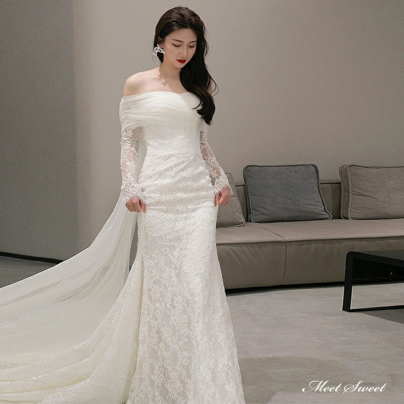 ウェディングドレス ロングドレス マーメイドドレス レース オフショルダー 長袖 二次会 結婚式 前撮り 後撮り ブライダル 花嫁 ウエディングドレス 海外挙式 オフホワイト パーティードレス フォトウェディング 小さいサイズ 大きいサイズ wedding dress
