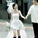 ウェディングドレス ミニドレス 前短後長ドレス ビスチェ ベアトップ サテン ワンピース 二次会 結婚式 前撮り ブライダル 花嫁 ウエディングドレス 海外挙式...