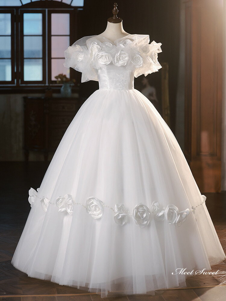 ウェディングドレス ロングドレス プリンセスドレス 姫系ドレス フラワー レトロ Aラインドレス 半袖 二次会 結婚式 前撮り ドレス 花嫁 ウエディングドレス チュール 大きいサイズ 小さいサイズ 海外挙式 白 オフホワイト パーティードレス ブライダル フォトウェディング