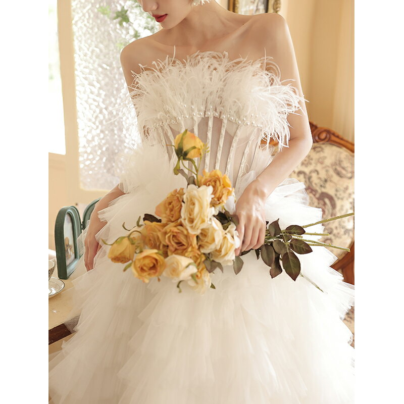 ウェディングドレス ロングドレス プリンセスラインドレス フリル Aラインドレス ベアトップ 二次会 結婚式 前撮り ドレス 花嫁 ウエディングドレス チュール 大きいサイズ 小さいサイズ 海外挙式 白 オフホワイト パーティードレス ブライダル フォトウェディング