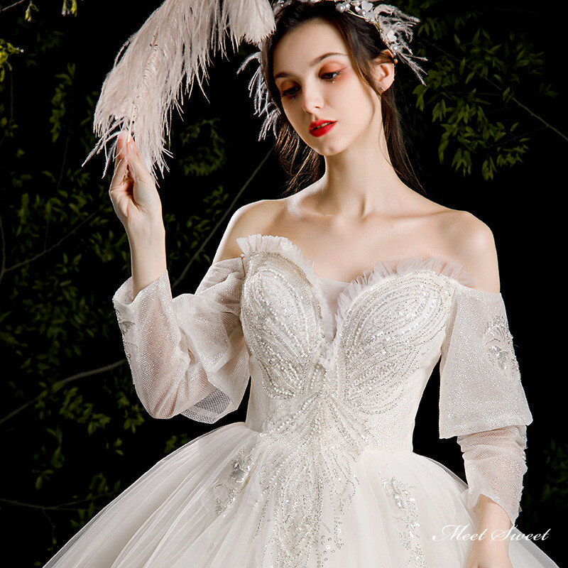 ウェディングドレス ロングドレス プリンセスラインドレス オフショルダー 二次会 結婚式 前撮り ドレス 花嫁 ウエディングドレス チュール 大きいサイズ 小さいサイズ 海外挙式 白 オフホワイト パーティードレス ブライダル フォトウェディング wedding dress