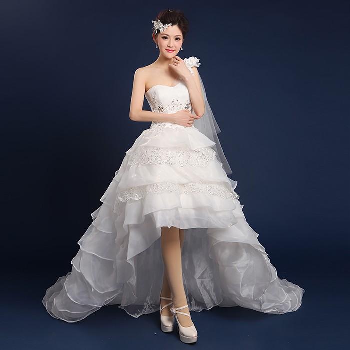ウェディングドレス ミニドレス 前短後長ドレス ワンショルダー フリル 二次会 結婚式 前撮り ドレス 花嫁 ウエディングドレス チュール 大きいサイズ 小さいサイズ 海外挙式 白 オフホワイト パーティードレス ブライダル フォトウェディング wedding dress
