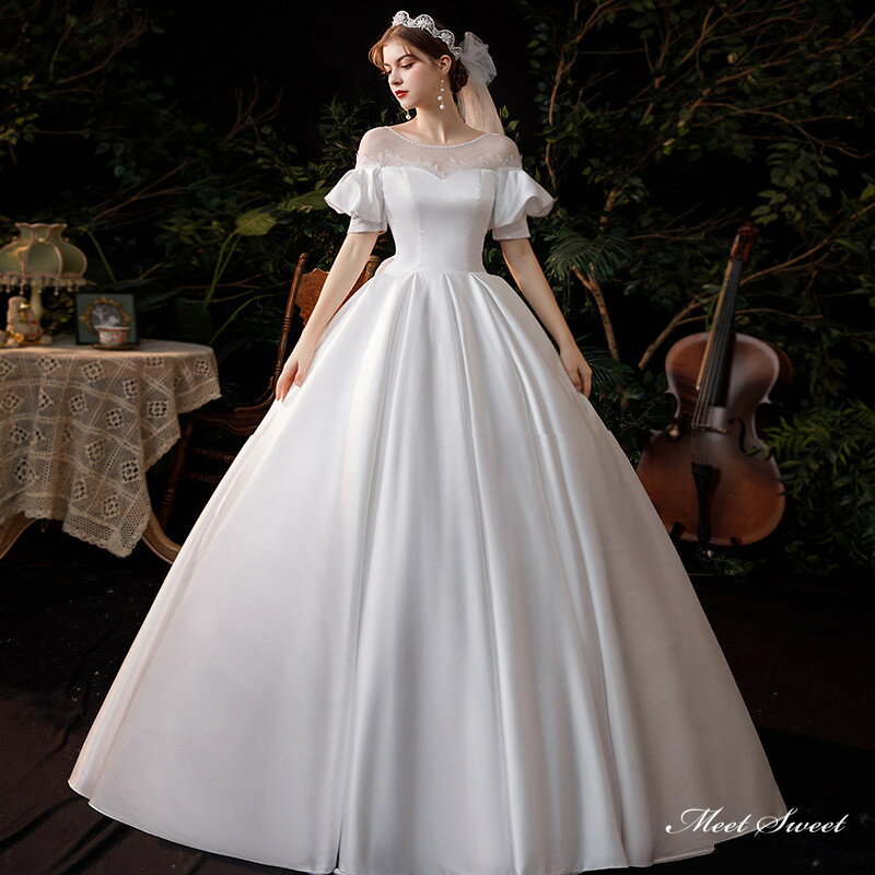 ウェディングドレス ロングドレス プリンセスラインドレス Aラインドレス 半袖 二次会 結婚式 前撮り ドレス 花嫁 ウエディングドレス チュール 大きいサイズ 小さいサイズ 海外挙式 白 オフホワイト パーティードレス ブライダル フォトウェディング wedding dress