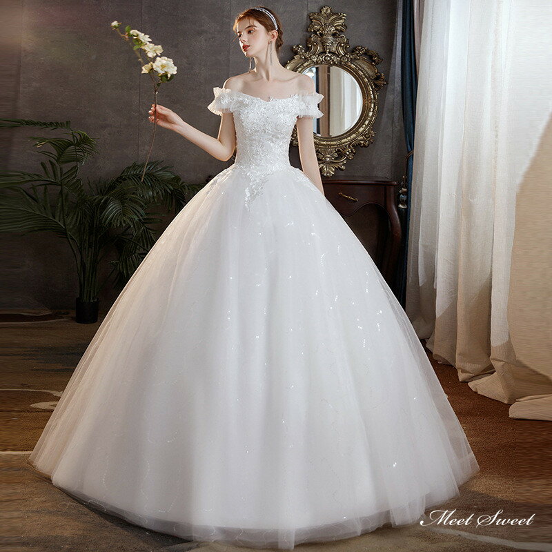 ウェディングドレス ロングドレス プリンセスラインドレス オフショルダー 二次会 結婚式 前撮り ドレス 花嫁 ウエディングドレス チュール 大きいサイズ 小さいサイズ 海外挙式 白 オフホワイト パーティードレス ブライダル フォトウェディング wedding dress