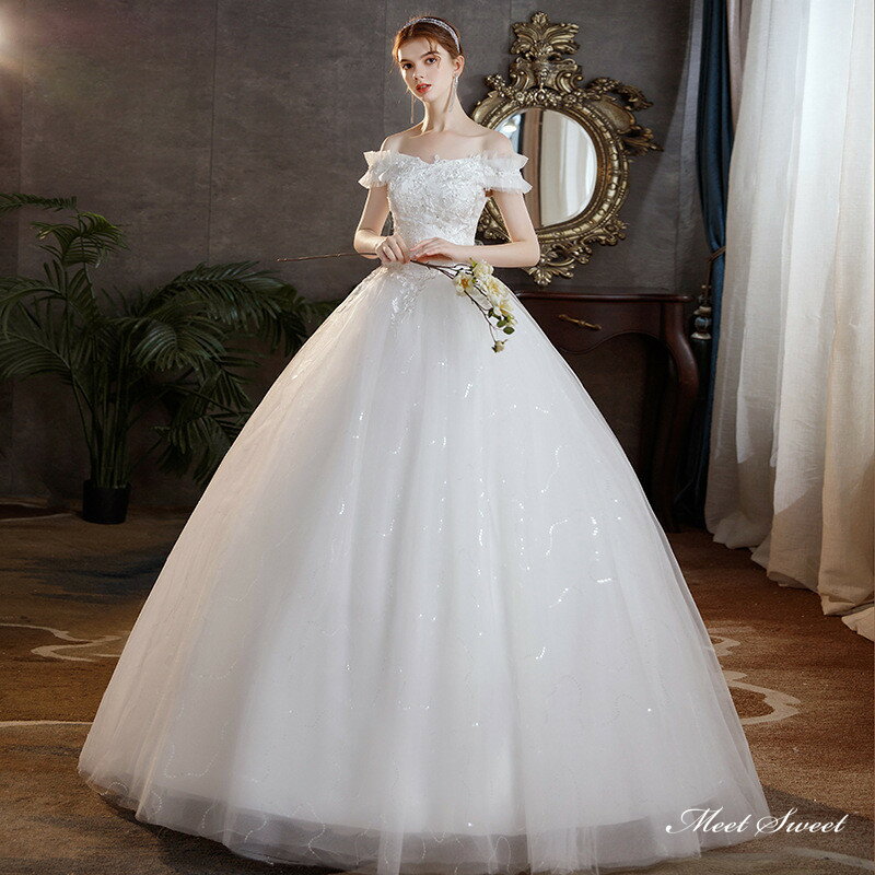 ウェディングドレス ロングドレス プリンセスラインドレス オフショルダー 二次会 結婚式 前撮り ドレス 花嫁 ウエディングドレス チュール 大きいサイズ 小さいサイズ 海外挙式 白 オフホワイト パーティードレス ブライダル フォトウェディング wedding dress