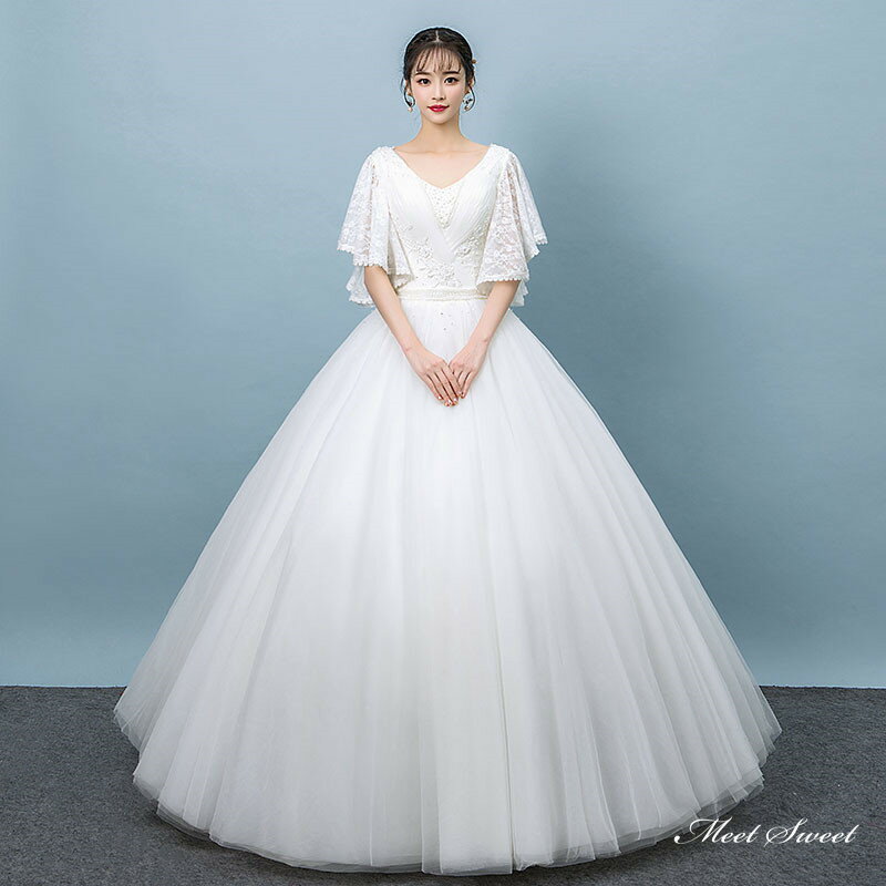 ウェディングドレス ロングドレス プリンセスラインドレス ベルスリーブ 二次会 結婚式 前撮り ドレス 花嫁 ウエディングドレス チュール 大きいサイズ 小さいサイズ 海外挙式 白 オフホワイト パーティードレス ブライダル フォトウェディング wedding dress