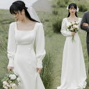 ウェディングドレス ロングドレス スレンダーライン 長袖 スクエアネック 二次会 結婚式 前撮り ドレス 花嫁 ウエディングドレス サテン 大きいサイズ 小さいサイズ 海外挙式 白 オフホワイト パーティードレス ブライダル フォトウェディング wedding dress(4)