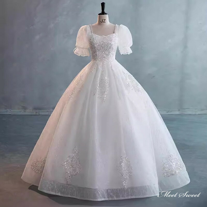 ウェディングドレス ロングドレス プリンセスラインドレス 半袖 パフスリーブ 二次会 結婚式 前撮り ドレス 花嫁 ウエディングドレス チュール 大きいサイズ 小さいサイズ 海外挙式 白 オフホワイト パーティードレス ブライダル フォトウェディング wedding dress