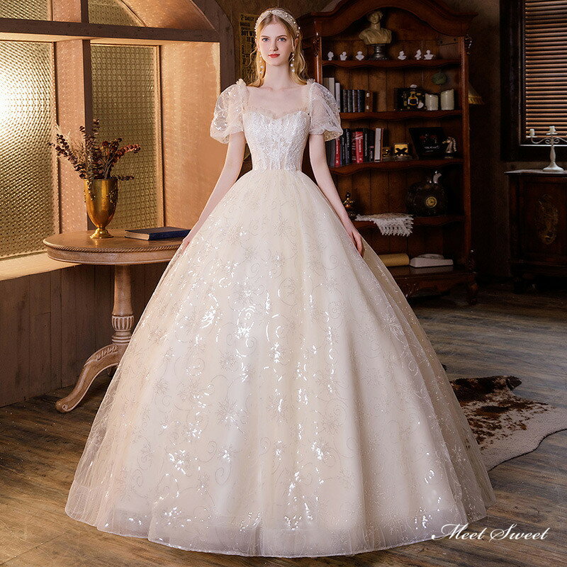 ウェディングドレス ロングドレス プリンセスラインドレス 半袖 パフスリーブ 二次会 結婚式 前撮り ドレス 花嫁 ウエディングドレス チュール 大きいサイズ 小さいサイズ 海外挙式 白 オフホワイト パーティードレス ブライダル フォトウェディング wedding dress