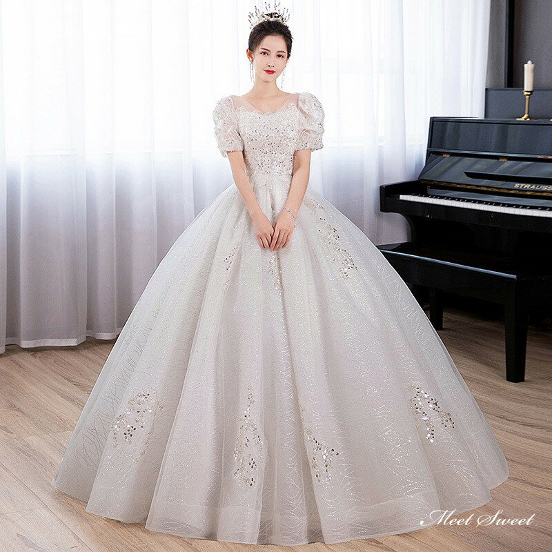 ウェディングドレス ロングドレス プリンセスラインドレス 半袖 パフスリーブ 二次会 結婚式 前撮り ドレス 花嫁 ウエディングドレス チュール 大きいサイズ 小さいサイズ 海外挙式 白 オフホワイト パーティードレス ブライダル フォトウェディング wedding dress
