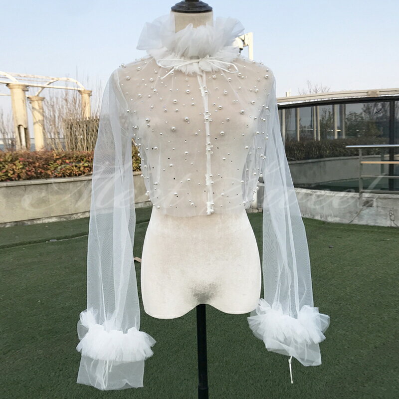 ドレスアレンジ ウェディングボレロ パーティーボレロ チュール インナートップス 長袖 パール フリル ..