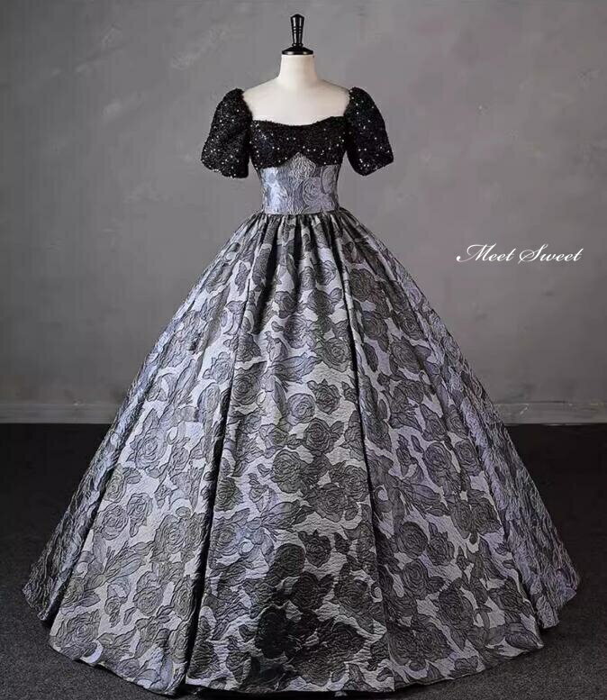 カラードレス プリンセスライン グレー 半袖 花柄 編み上げ 切替 ロングドレス ウェディングドレス 結婚式 二次会 花嫁 前撮り 演奏会 発表会 ステージ衣装 ウエディングドレス パーティードレス ブライダル 大人 舞台 演出 イブニングドレス コンサート コンクール