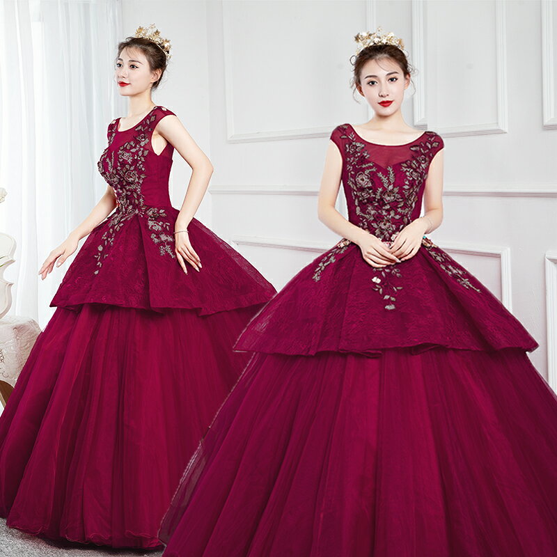 カラードレス プリンセスライン ワインレッド フレンチスリーブ ロングドレス ウェディングドレス 結婚式 二次会 花嫁 前撮り 演奏会 発表会 ステージ衣装 ウエディングドレス パーティードレス ブライダル 大人 舞台 演出 イブニングドレス コンサート コンクール