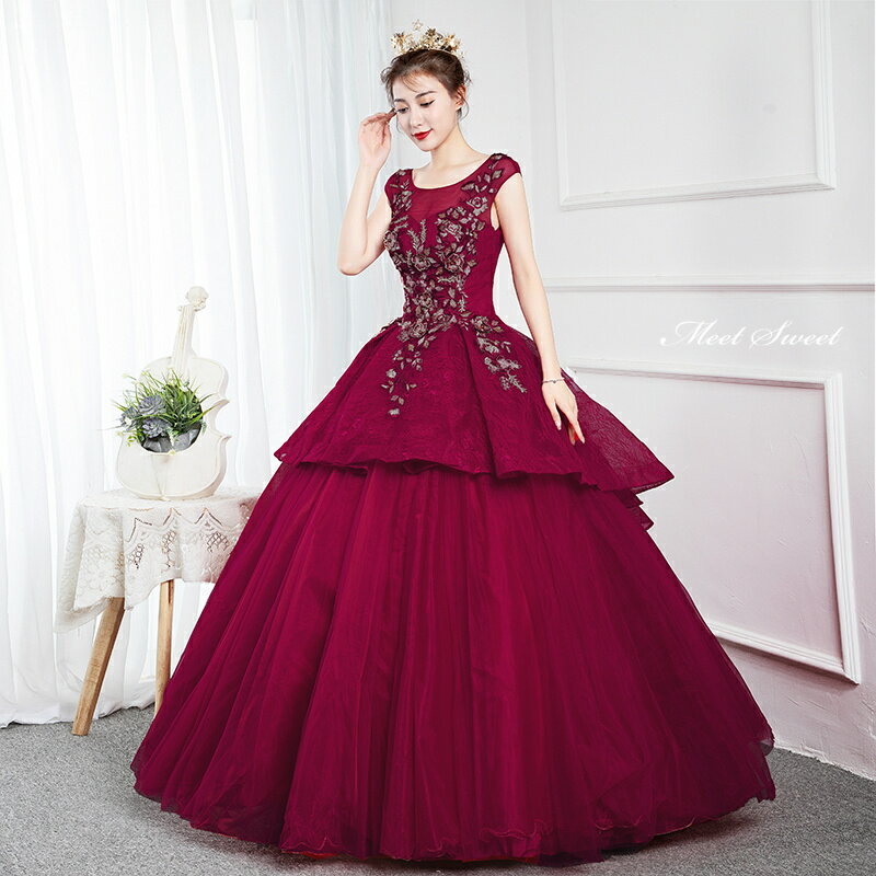 カラードレス プリンセスライン ワインレッド フレンチスリーブ ロングドレス ウェディングドレス 結婚式 二次会 花嫁 前撮り 演奏会 発表会 ステージ衣装 ウエディングドレス パーティードレス ブライダル 大人 舞台 演出 イブニングドレス コンサート コンクール