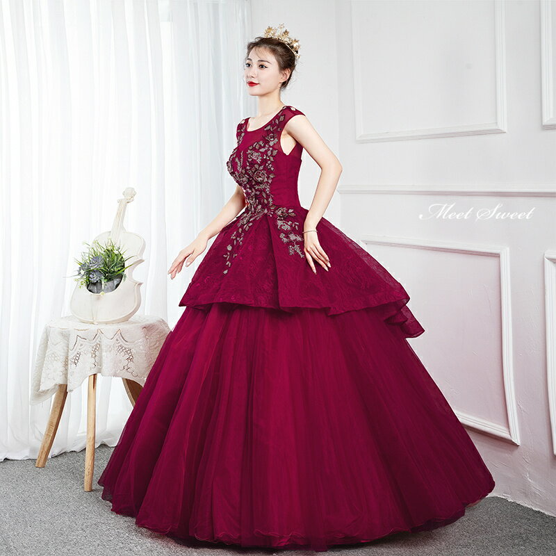 カラードレス プリンセスライン ワインレッド フレンチスリーブ ロングドレス ウェディングドレス 結婚式 二次会 花嫁 前撮り 演奏会 発表会 ステージ衣装 ウエディングドレス パーティードレス ブライダル 大人 舞台 演出 イブニングドレス コンサート コンクール