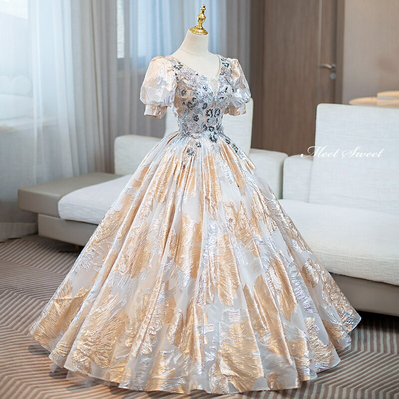 カラードレス プリンセスライン ゴールド パフスリーブ 半袖 花柄 ロングドレス ウェディングドレス 結婚式 二次会 花嫁 前撮り 演奏会 発表会 ステージ衣装 ウエディングドレス パーティードレス ブライダル 大人 舞台 演出 イブニングドレス コンサート コンクール