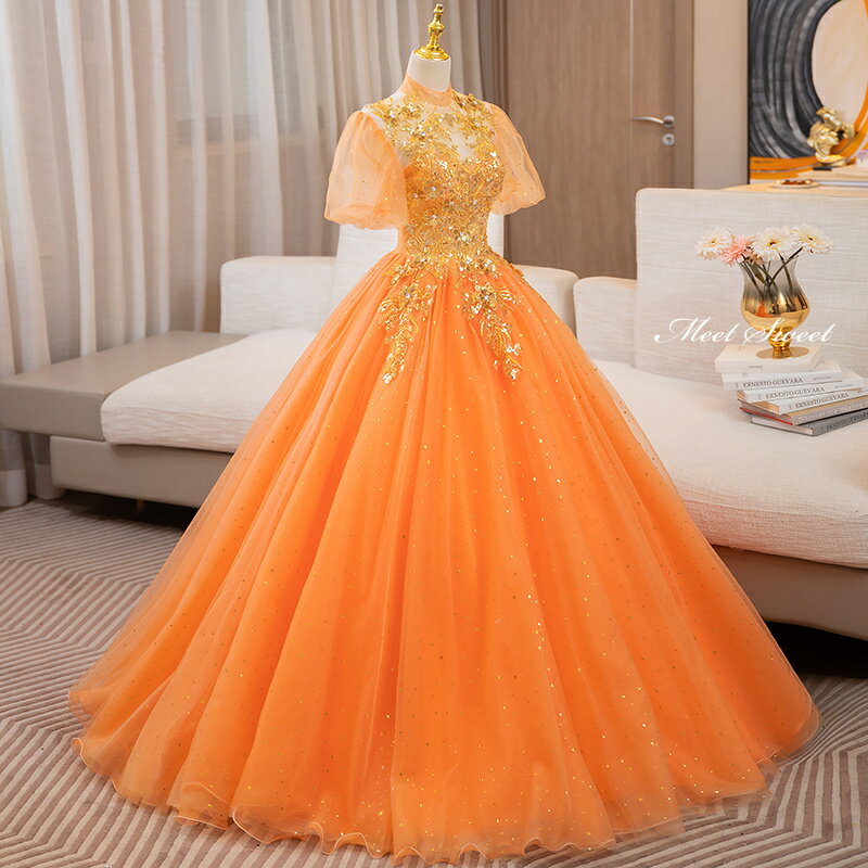 カラードレス プリンセスライン オレンジ パフスリーブ スパンコール ロングドレス ウェディングドレス 結婚式 二次会 花嫁 前撮り 演奏会 発表会 ステージ衣装 ウエディングドレス パーティードレス ブライダル 大人 舞台 演出 イブニングドレス コンサート コンクール