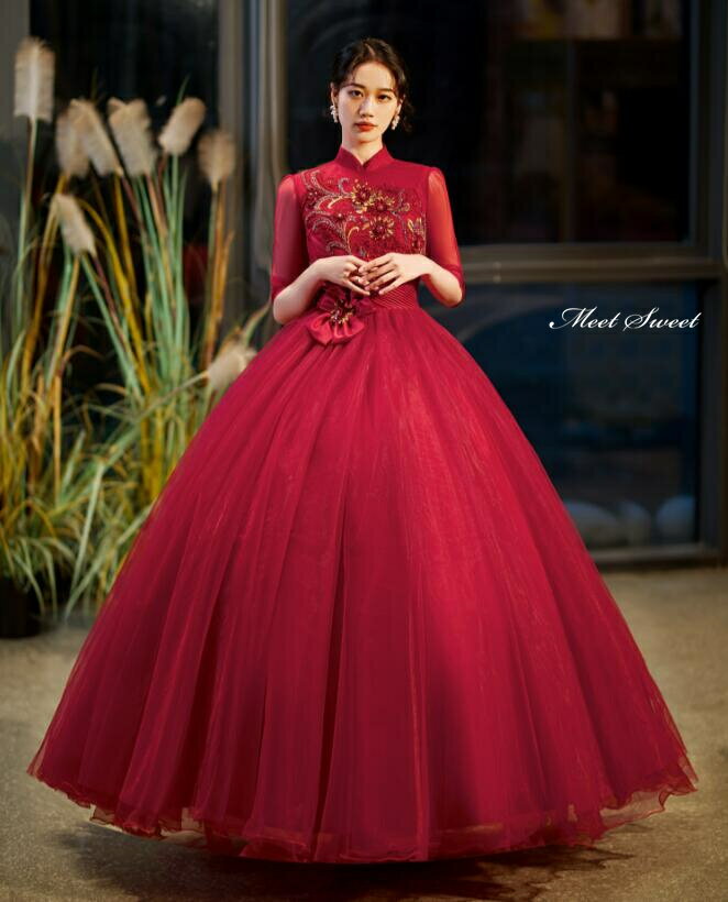 カラードレス プリンセスライン ロングドレス ワインレッド 袖あり ハイネック ウェディングドレス 結婚式 二次会 花嫁 前撮り 演奏会 発表会 ステージ衣装 ウエディングドレス パーティードレス ブライダル 大人 舞台 演出 イブニングドレス コンサート コンクール