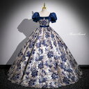 カラードレス プリンセスライン ネイビー 花柄 パフスリーブ 紺 ロングドレス ウェディングドレス 結婚式 二次会 花嫁 前撮り 演奏会 発表会 ステージ衣装 ウエディングドレス パーティードレス ブライダル 大人 舞台 演出 イブニングドレス コンサート コンクール